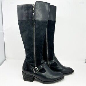Born Alize Knee High Riding Boots Black Double Zip Studded Buckle Size 9.5
